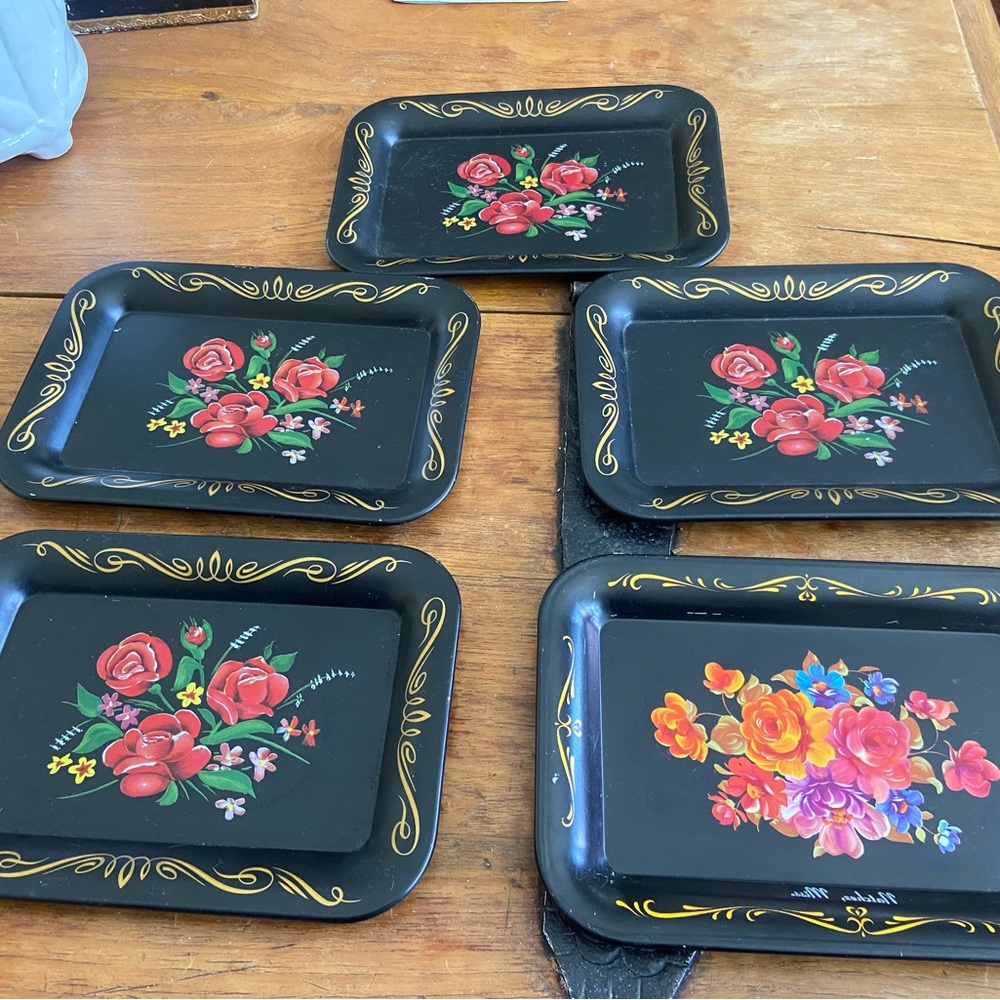 5 Vintage Hand Painted Metal Tip Trays